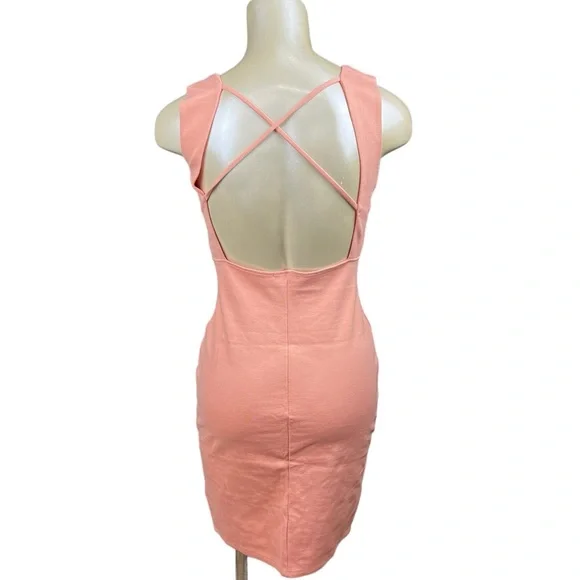 Lulus Solemio Peach Coral Bodycon Cutout Dress Sz M cross back strappy - Picture 3 of 5